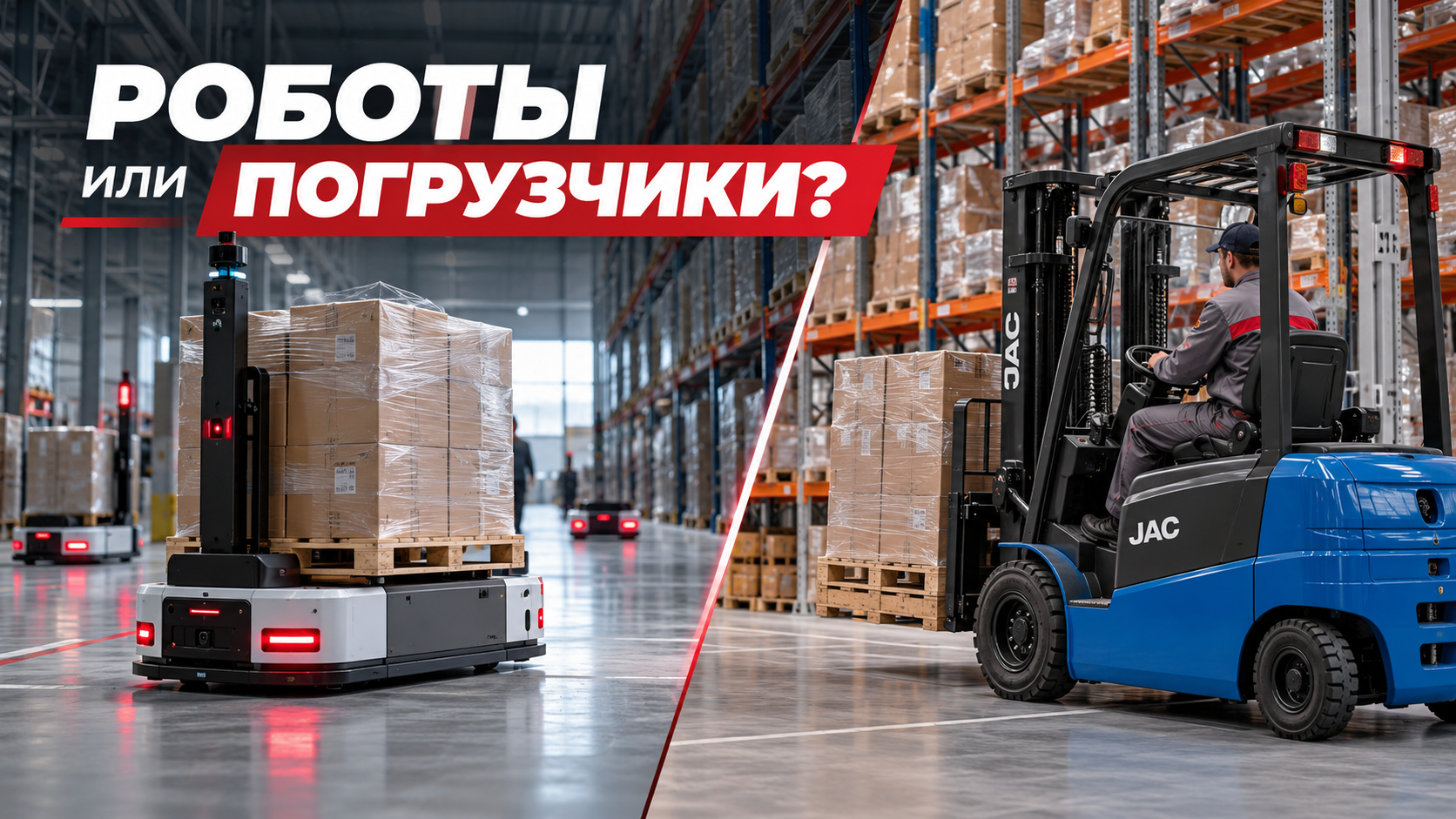Роботизация склада: сравнение автономного складского робота и вилочного погрузчика JAC